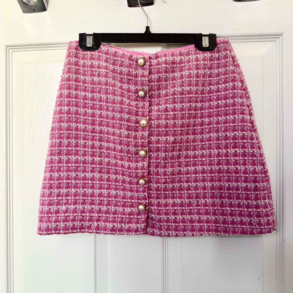 Pink Tweed Button-Up Skirt